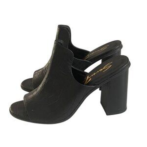 Black Croc-Embossed Open Toe Block Heel Mules Size 8.5 Y2K Chunky